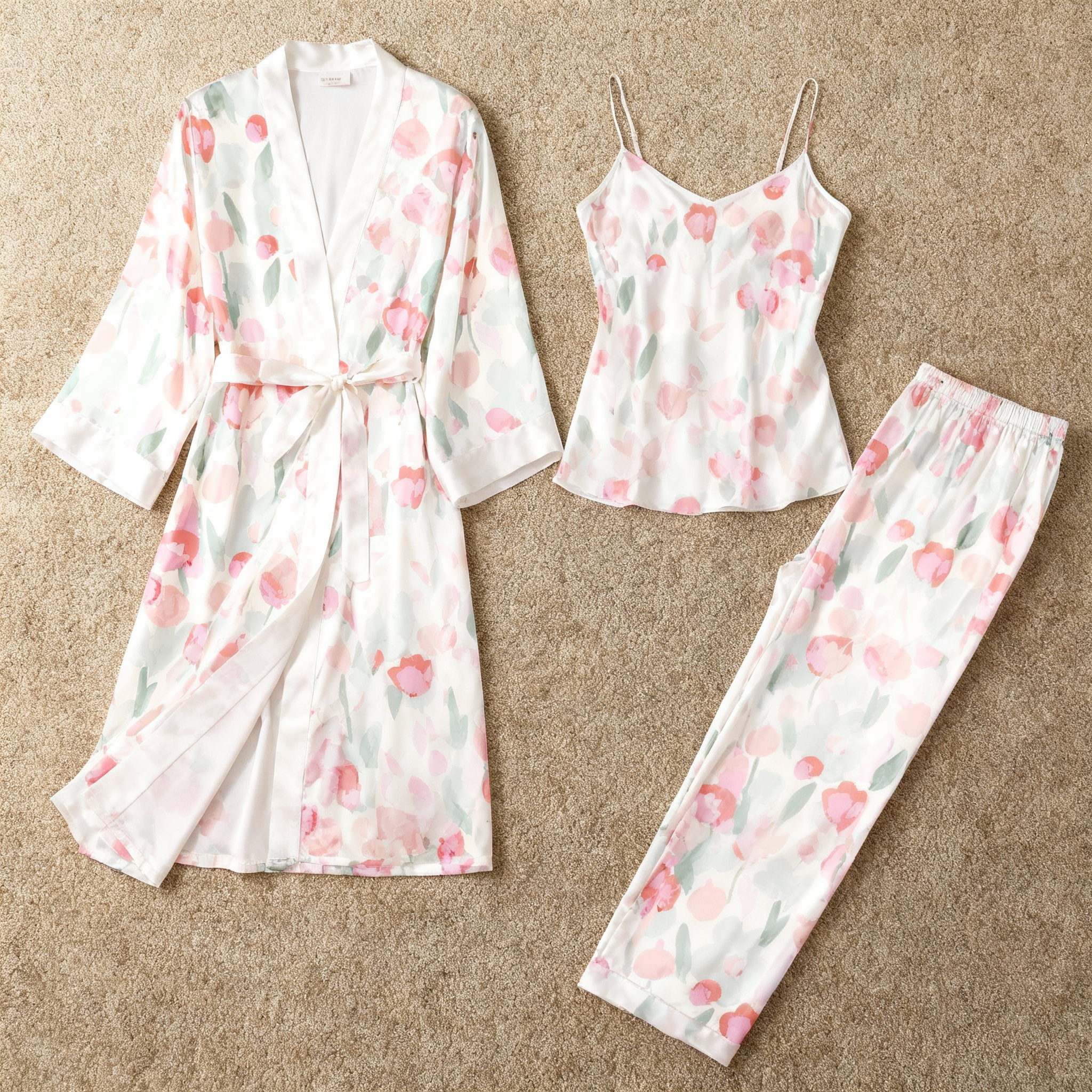 3-Piece Satin Nightwear Set with Watercolor Pink Floral Pattern