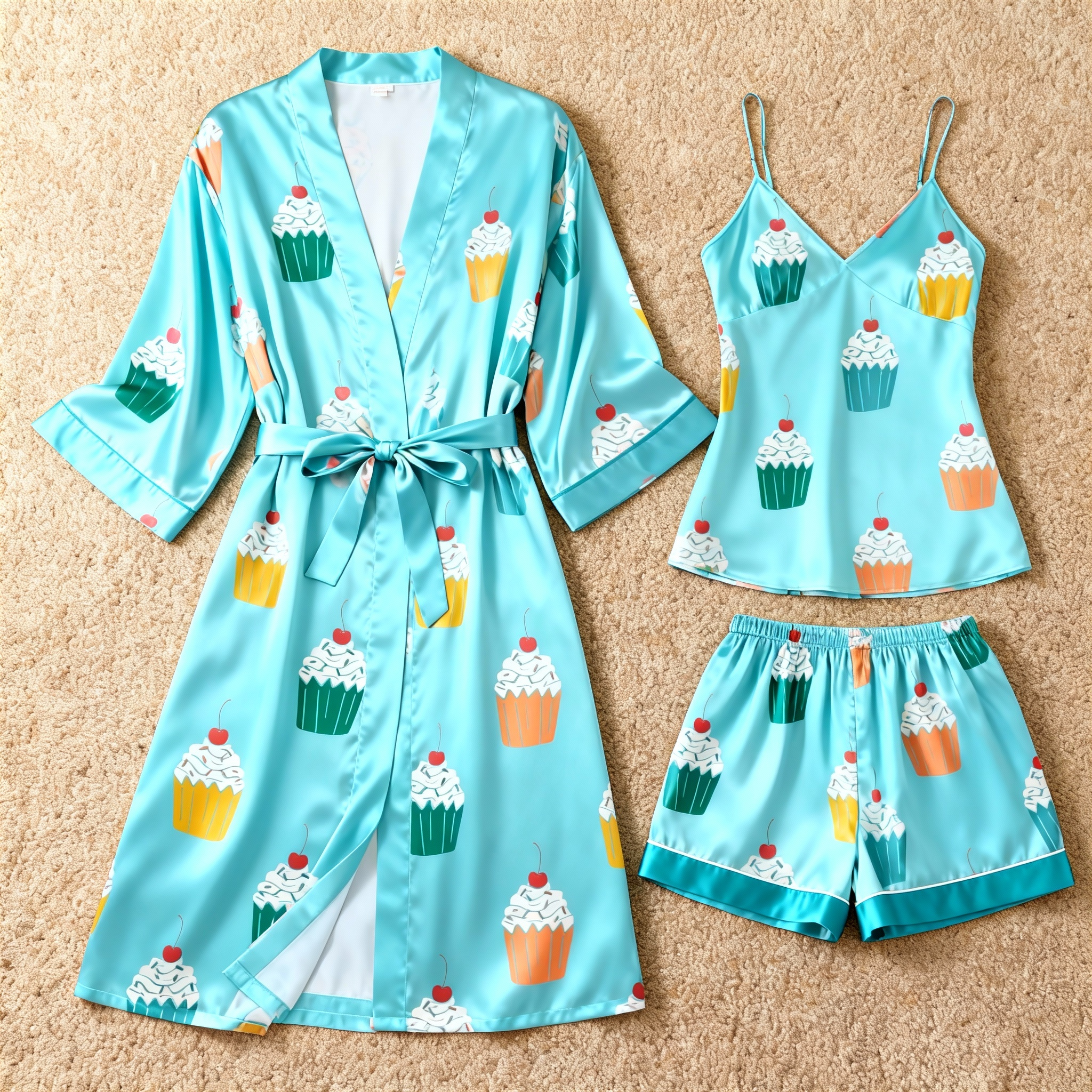 Women's Premium Satin Sleep Set with Cake Pattern