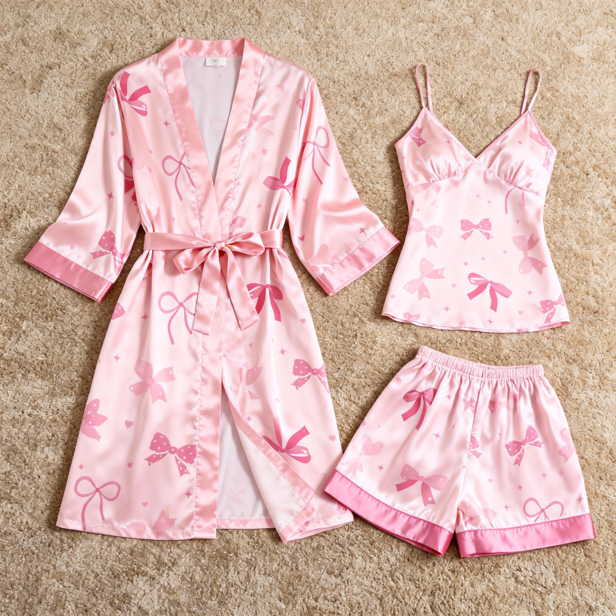 Women's Premium Satin Sleep Set with Pink Ribbon Print
