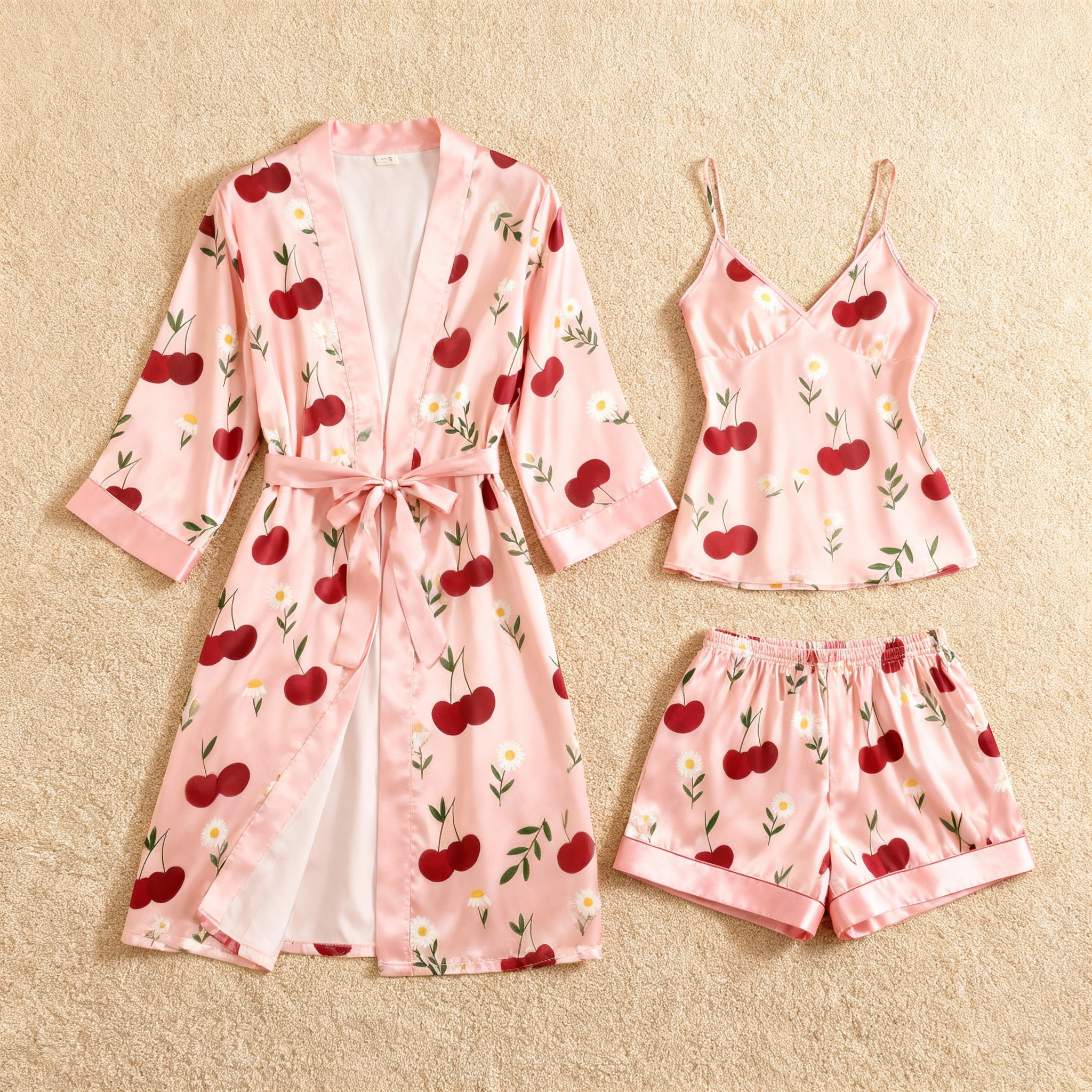 Cherry Pattern Elegance 3-Piece Satin Lounge Set for Women