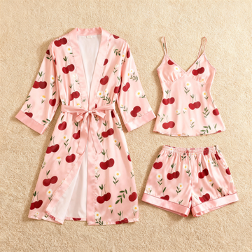 Cherry Pattern Elegance 3-Piece Satin Lounge Set for Women