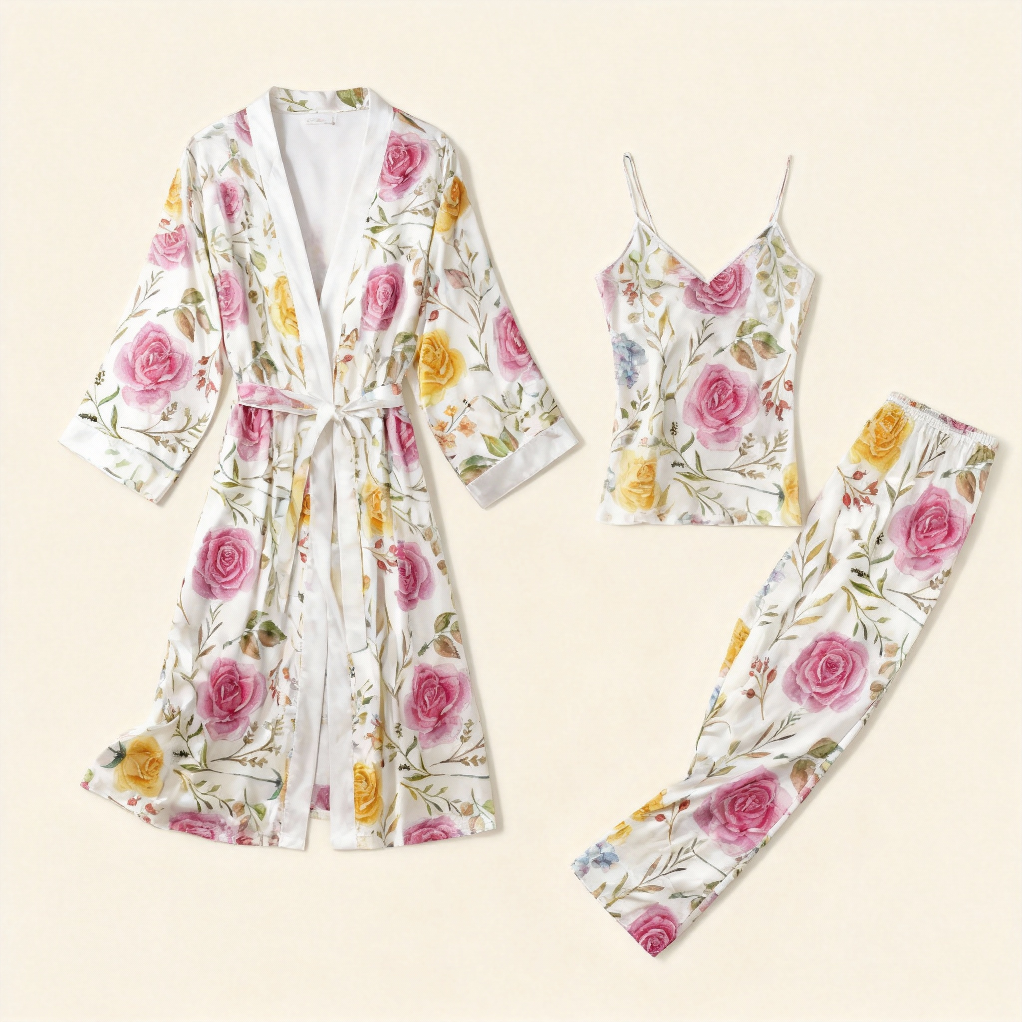 Women's 3-Piece Vintage Floral Satin Lounge Outfit