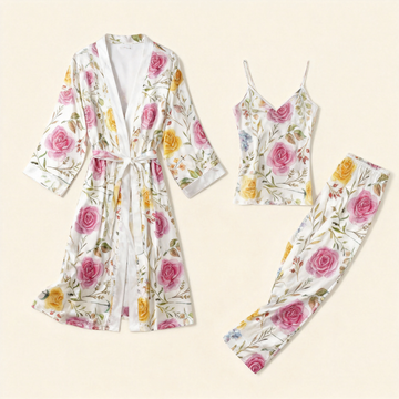 Women's 3-Piece Vintage Floral Satin Lounge Outfit