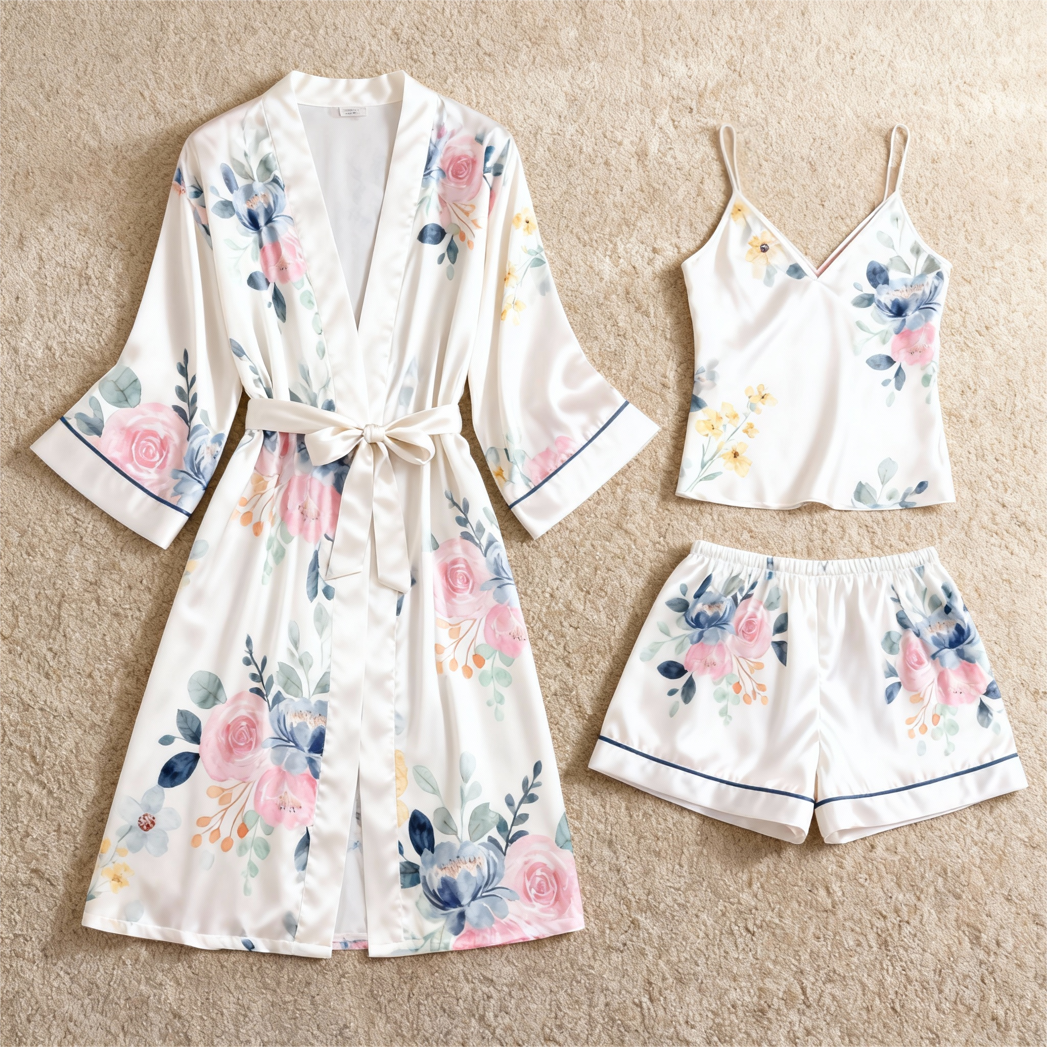 Elegant Satin 3-Piece Loungewear Set with Soft Floral Design