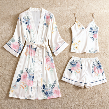 Elegant Satin 3-Piece Loungewear Set with Soft Floral Design