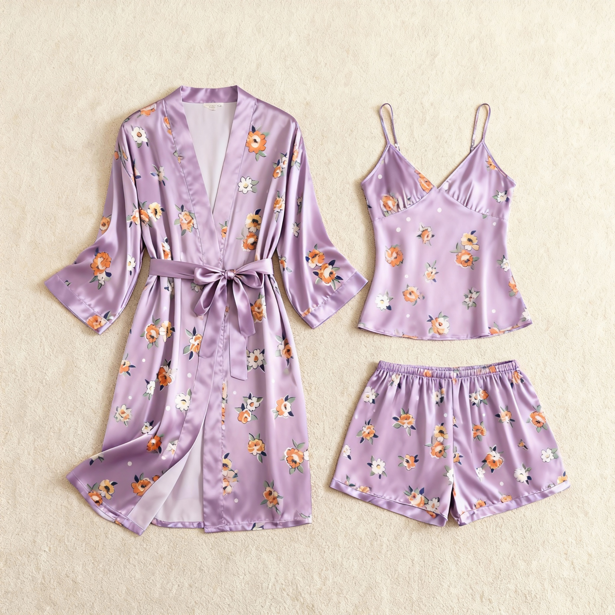 Elegant Satin Light Purple Loungewear Trio with Florals Motif