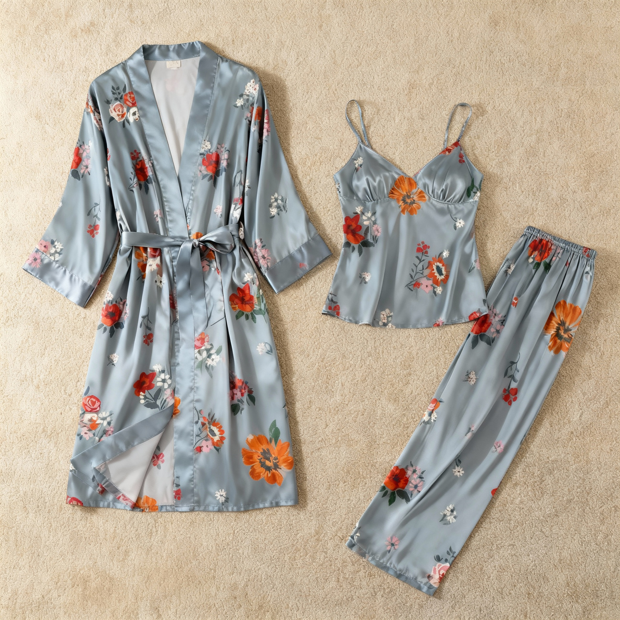 3-Piece Satin Nightwear Set with Vintage Floral Pattern