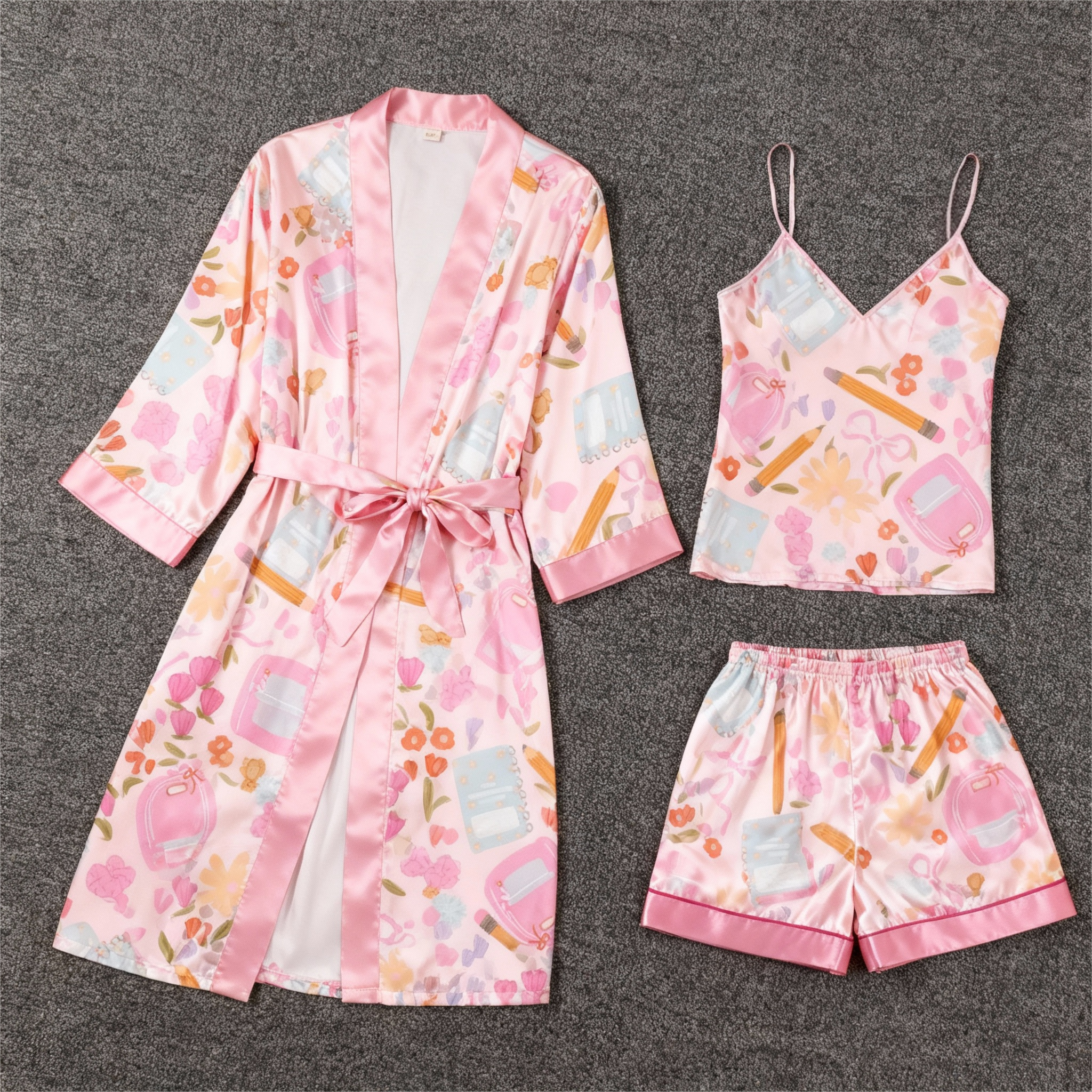 Women's Premium Satin Sleep Set with Pink Pattern Design
