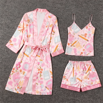 Women's Premium Satin Sleep Set with Pink Pattern Design