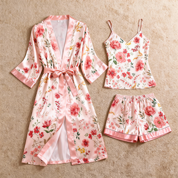 Women's Premium Satin Sleep Set with Pink Floral Blossom