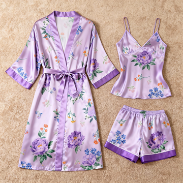 Women's Premium Satin Sleep Set with Purple Floral Blossom