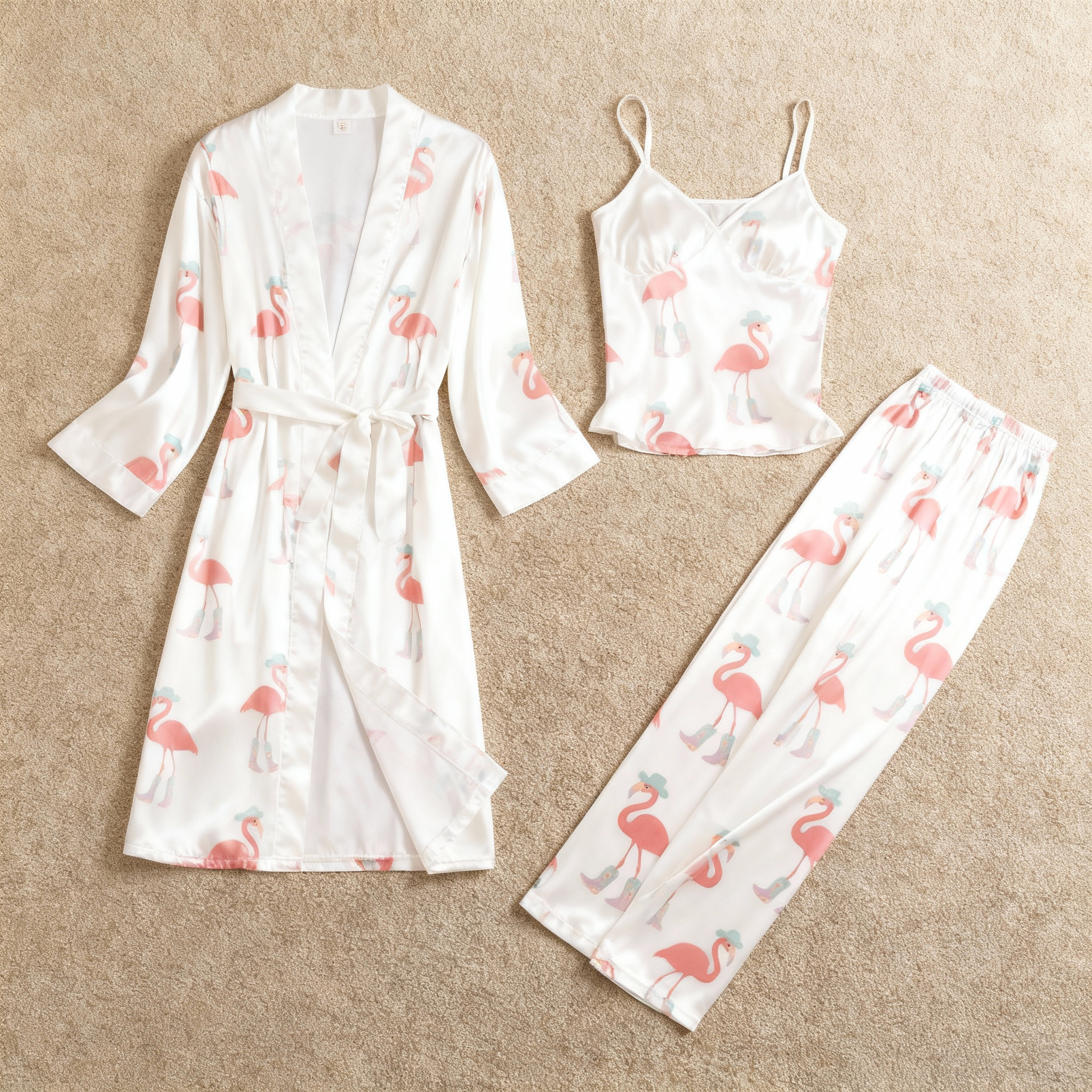 3-Piece Satin Nightwear Set with Pink Flamingo Pattern