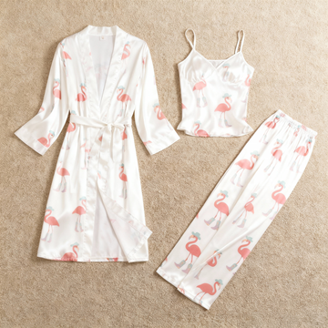 3-Piece Satin Nightwear Set with Pink Flamingo Pattern