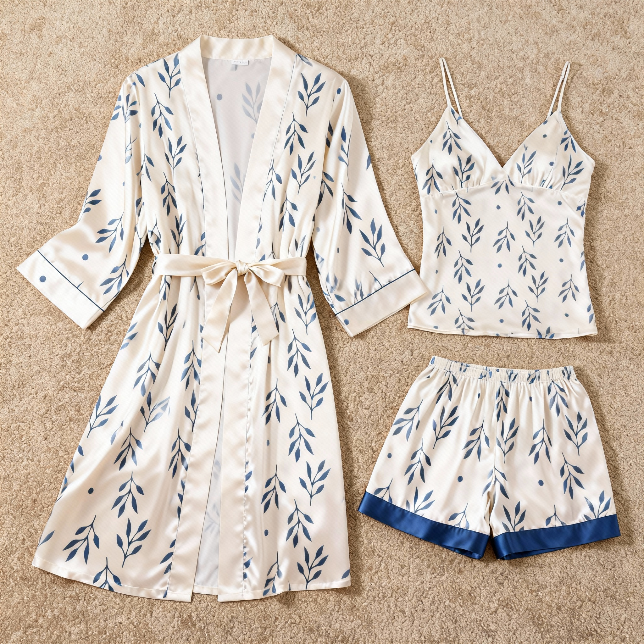 Women's Premium Satin Sleep Set with Simple Botanical Leaves
