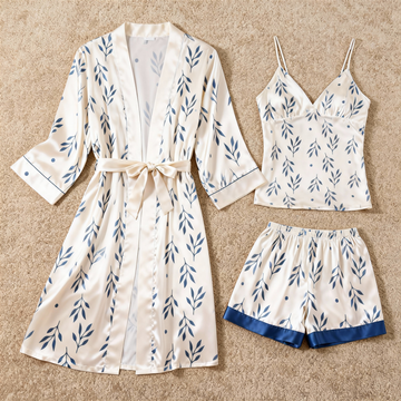 Women's Premium Satin Sleep Set with Simple Botanical Leaves