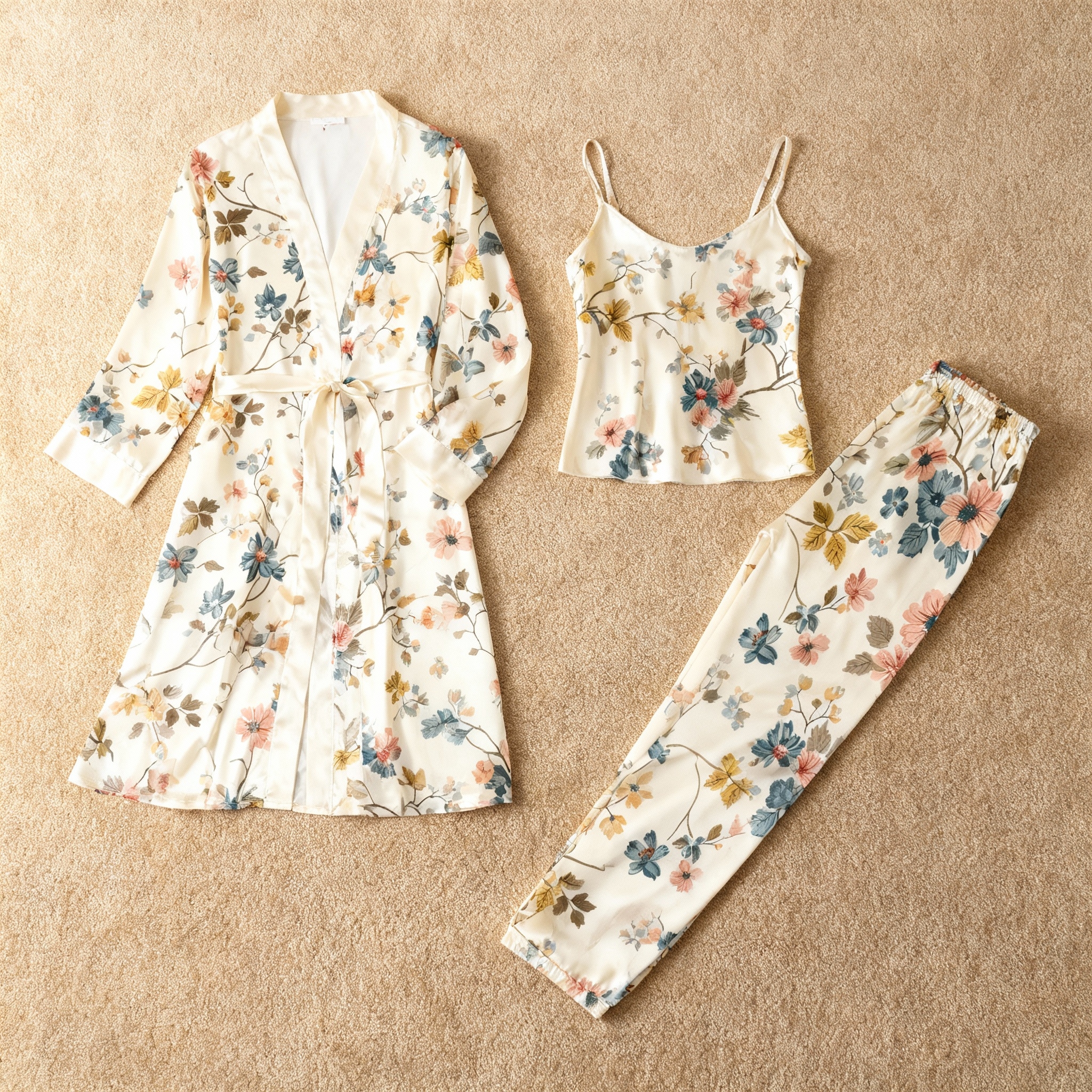3-Piece Satin Nightwear Set with Opulent Floral Pattern