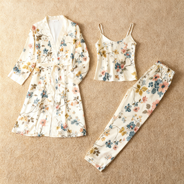 3-Piece Satin Nightwear Set with Opulent Floral Pattern