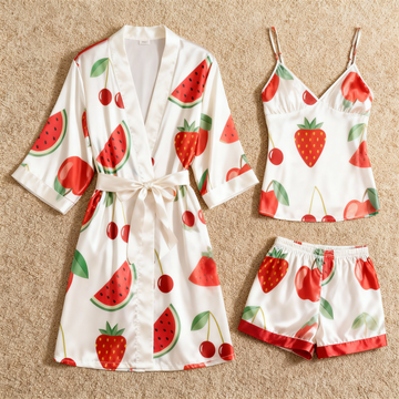 Women's Premium Satin Sleep Set with Juicy Fruit Design