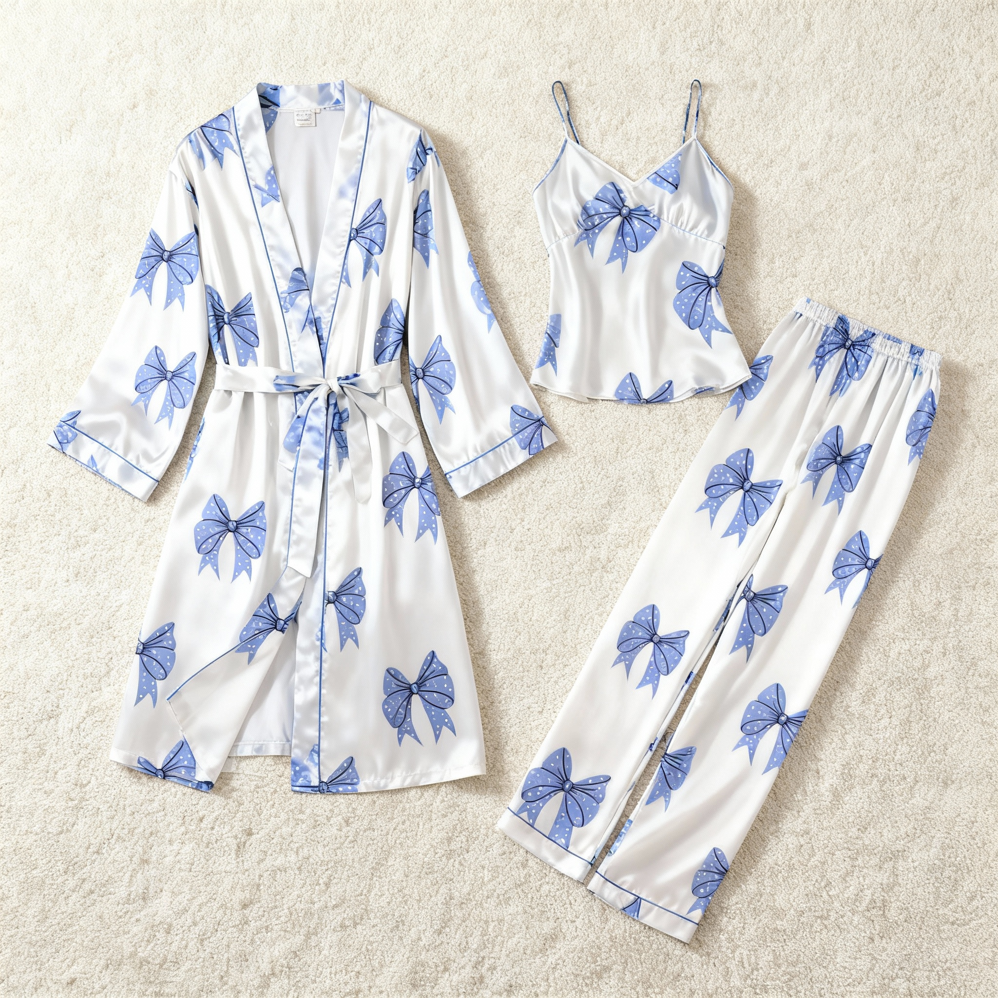3-Piece Satin Nightwear Set with Lovely Bowknot Pattern