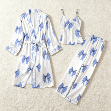 3-Piece Satin Nightwear Set with Lovely Bowknot Pattern