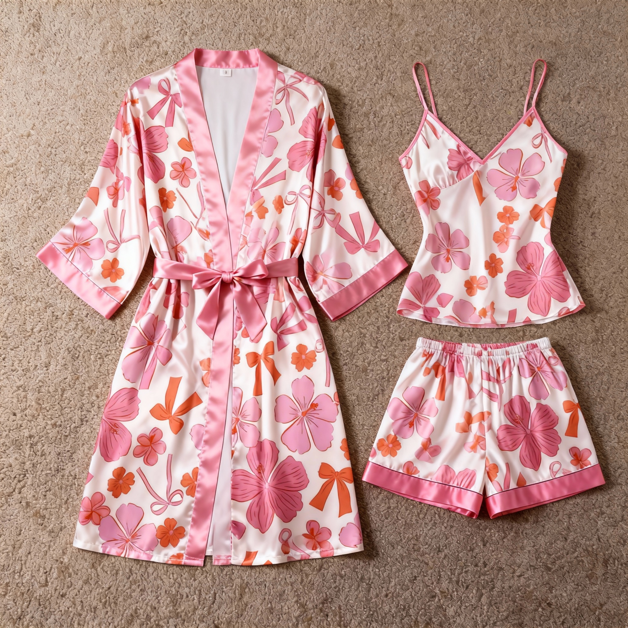 Women's Premium Satin Sleep Set with Pink Blossom Floral Print