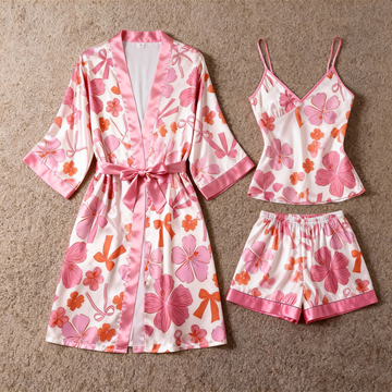 Women's Premium Satin Sleep Set with Pink Blossom Floral Print