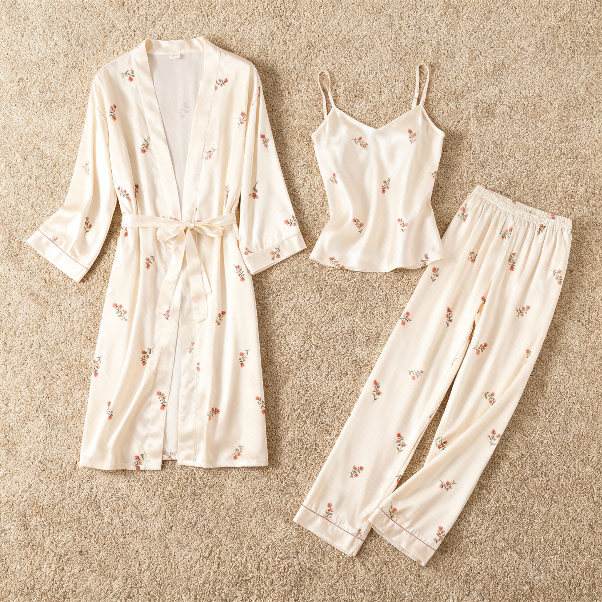 3-Piece Satin Nightwear Set with Minimal Floral Pattern