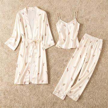3-Piece Satin Nightwear Set with Minimal Floral Pattern