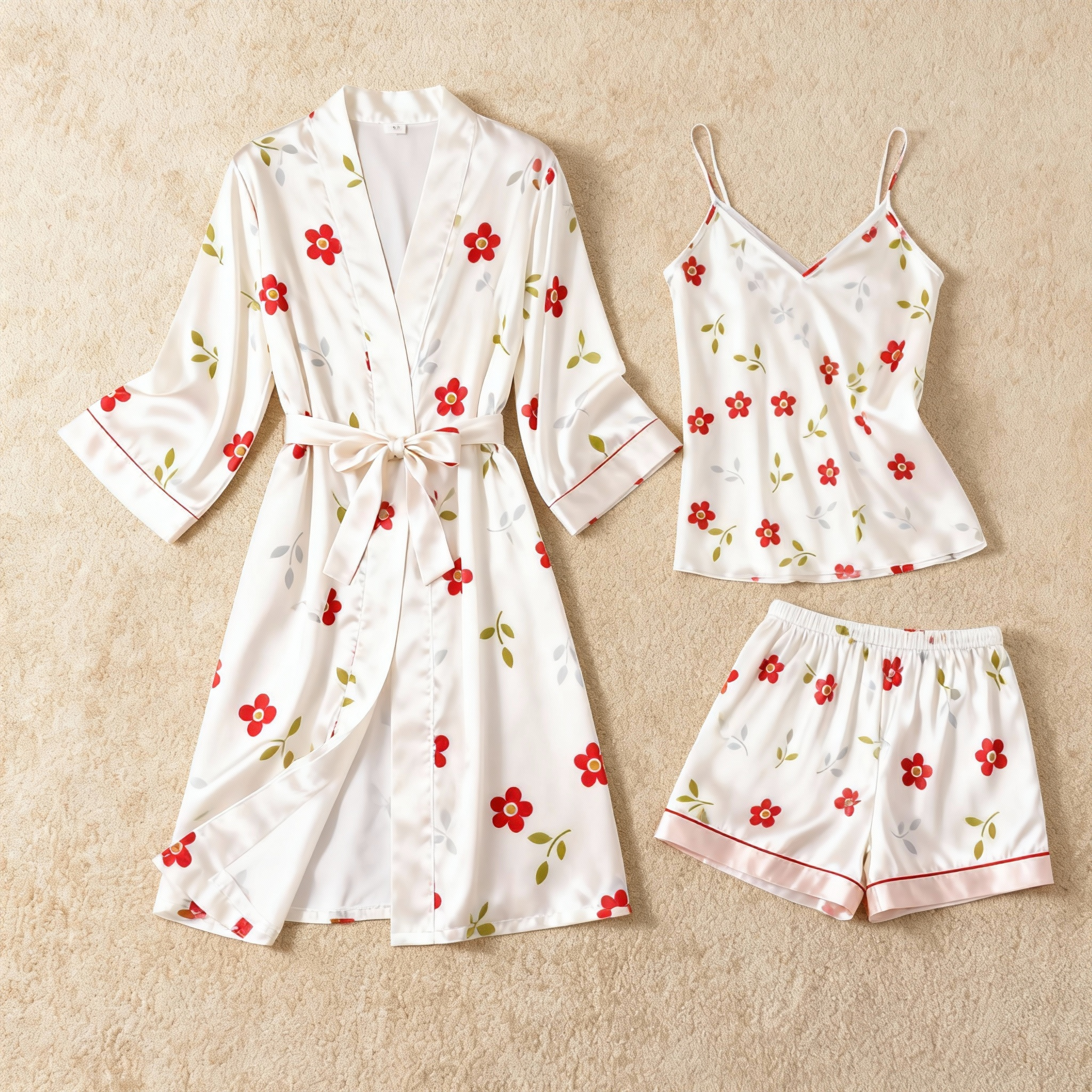 Red Floral Pattern Elegance 3-Piece Satin Lounge Set for Women