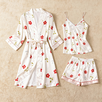 Red Floral Pattern Elegance 3-Piece Satin Lounge Set for Women
