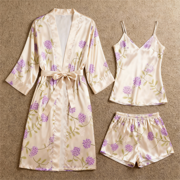 Elegant Satin Loungewear Trio with Purple Florals Motif