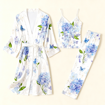 Women's 3-Piece Blue Butterfly & Floral Satin Lounge Outfit