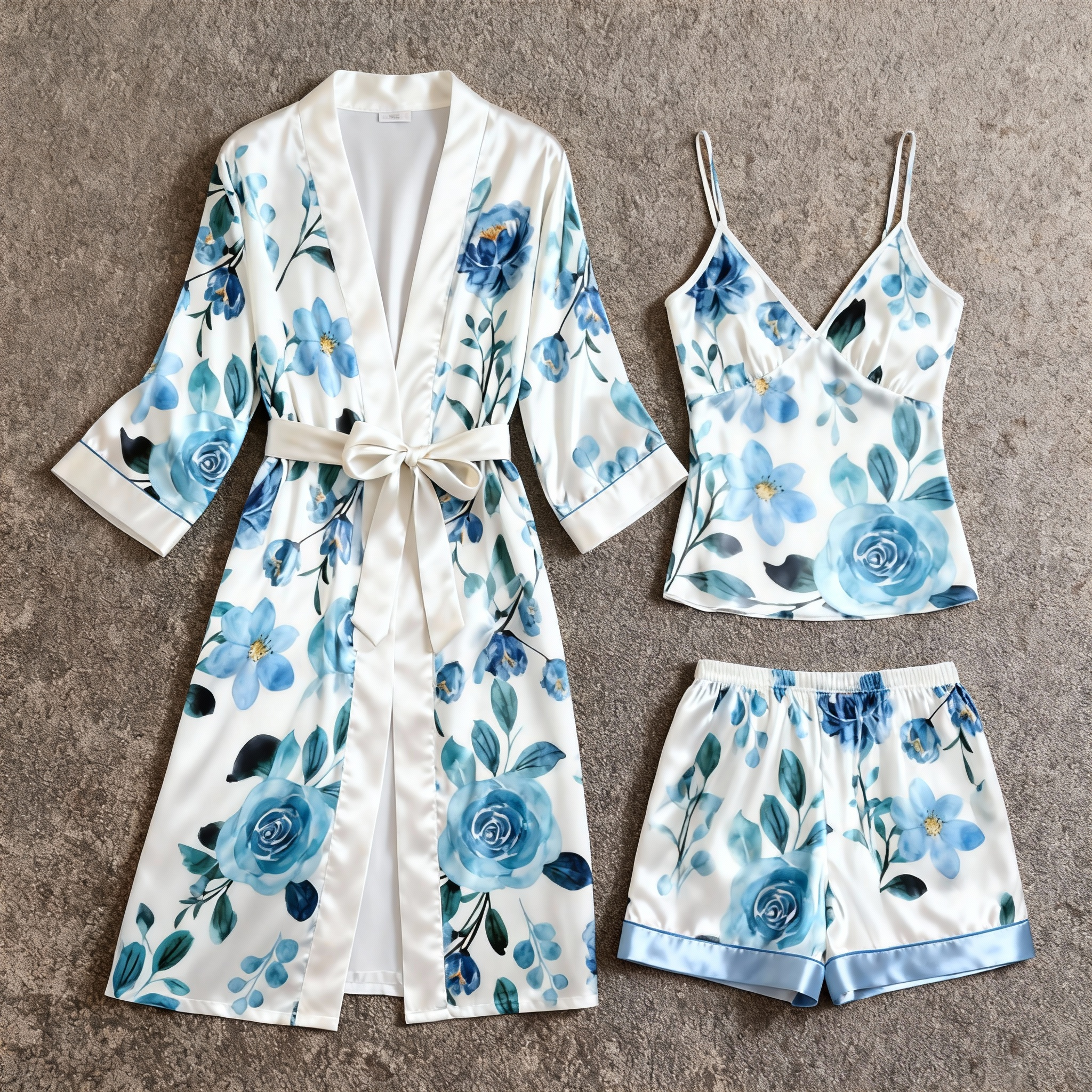 Women's Premium Satin Sleep Set with Rich Blue Floral Print