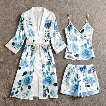 Women's Premium Satin Sleep Set with Rich Blue Floral Print