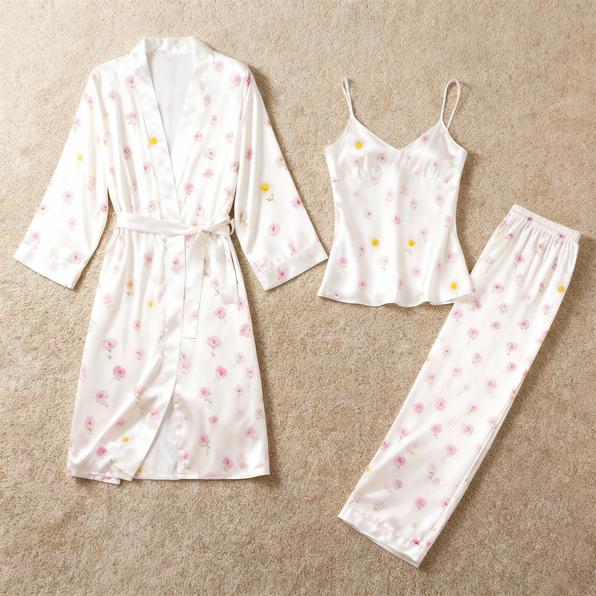 3-Piece Satin Nightwear Set with Minimal Pink Floral Pattern