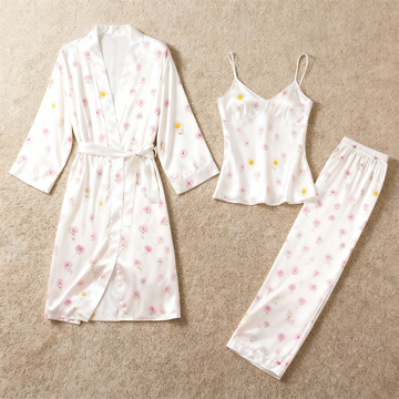 3-Piece Satin Nightwear Set with Minimal Pink Floral Pattern