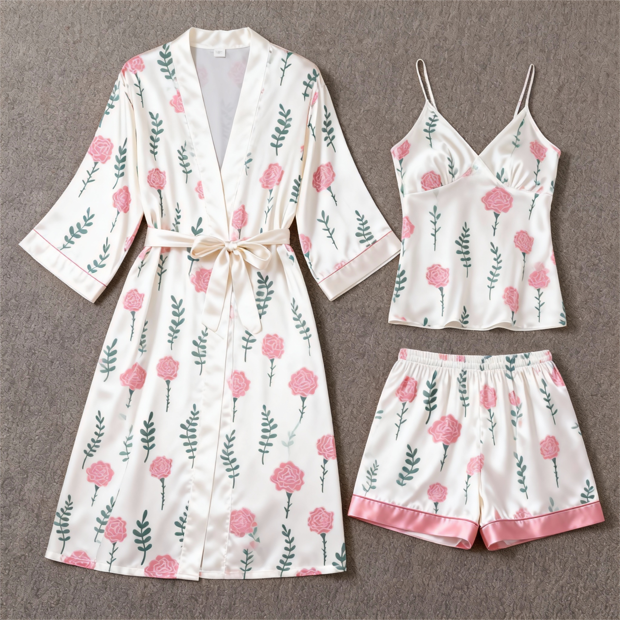 Women's Premium Satin Sleep Set with Botanical Leaves & Pink Floral