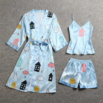 Women's Premium Satin Sleep Set with Cartoon House Print