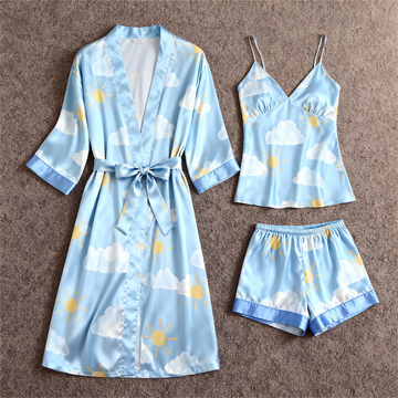 Women's Premium Satin Sleep Set with Cloud & Sun Print