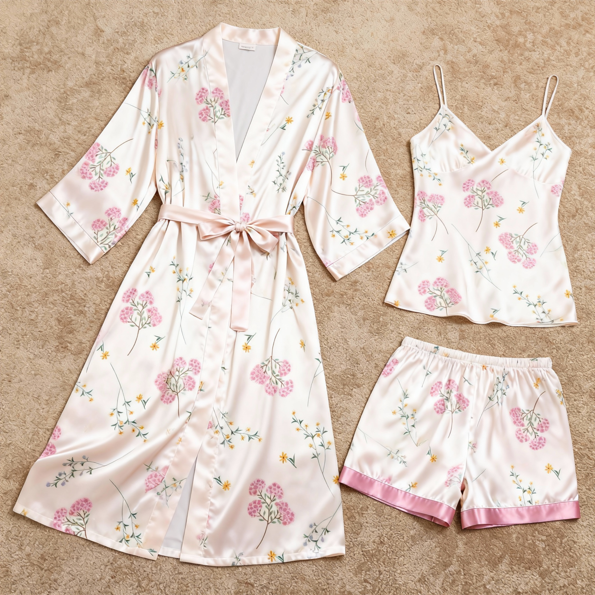 Women's Premium Satin Sleep Set with Pink Mini Blossoms