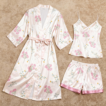 Women's Premium Satin Sleep Set with Pink Mini Blossoms