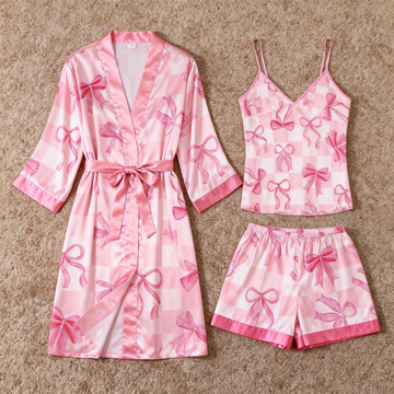 Women's Premium Satin Sleep Set with Pink Ribbon Pattern