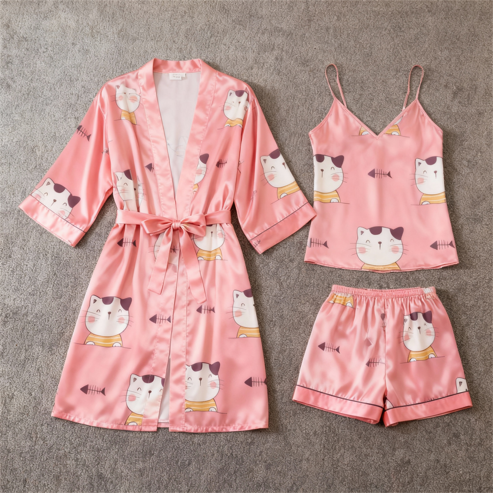 Women's Premium Satin Sleep Set with Cute Cat Pattern