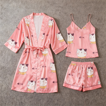 Women's Premium Satin Sleep Set with Cute Cat Pattern
