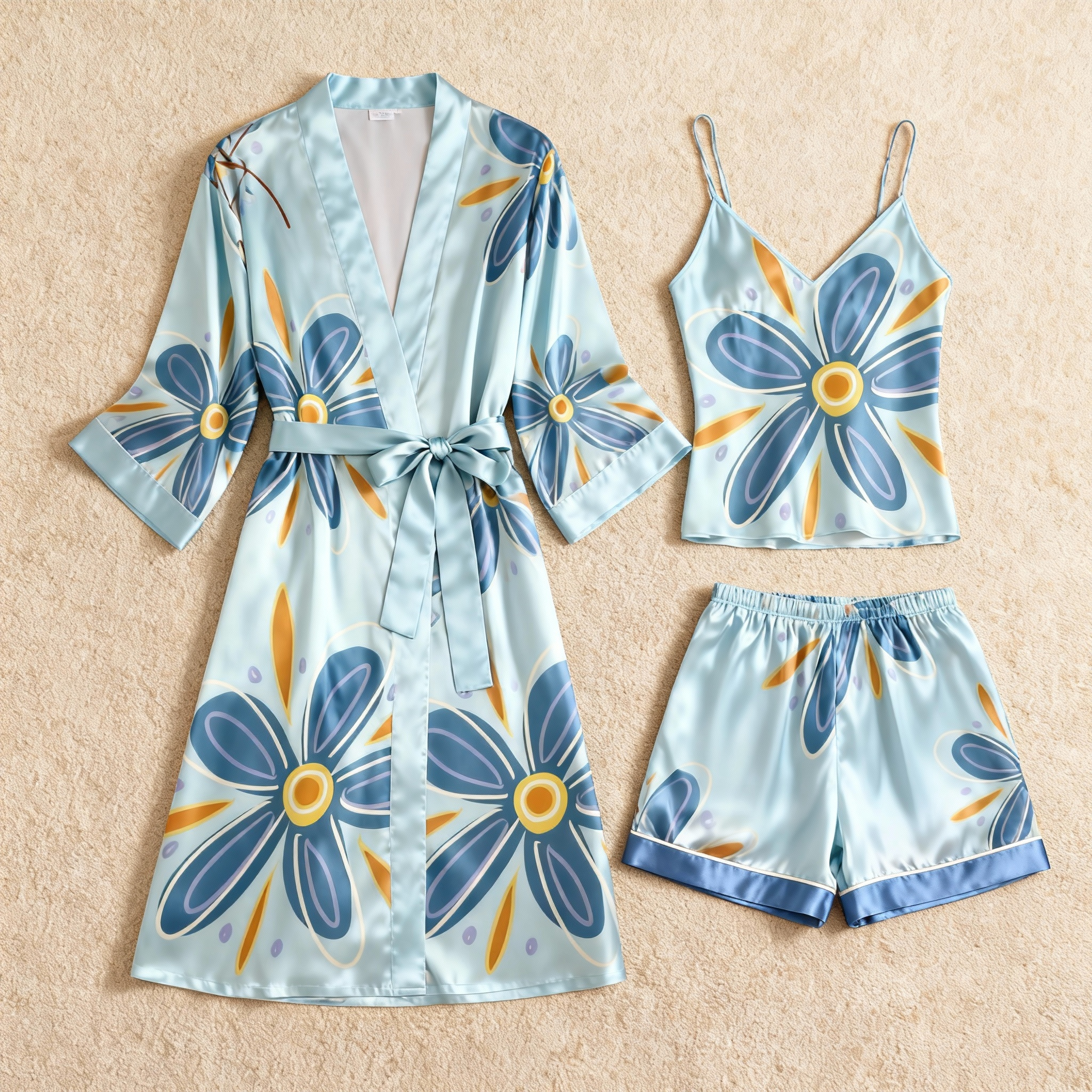 Floral Design Elegance 3-Piece Satin Lounge Set for Women