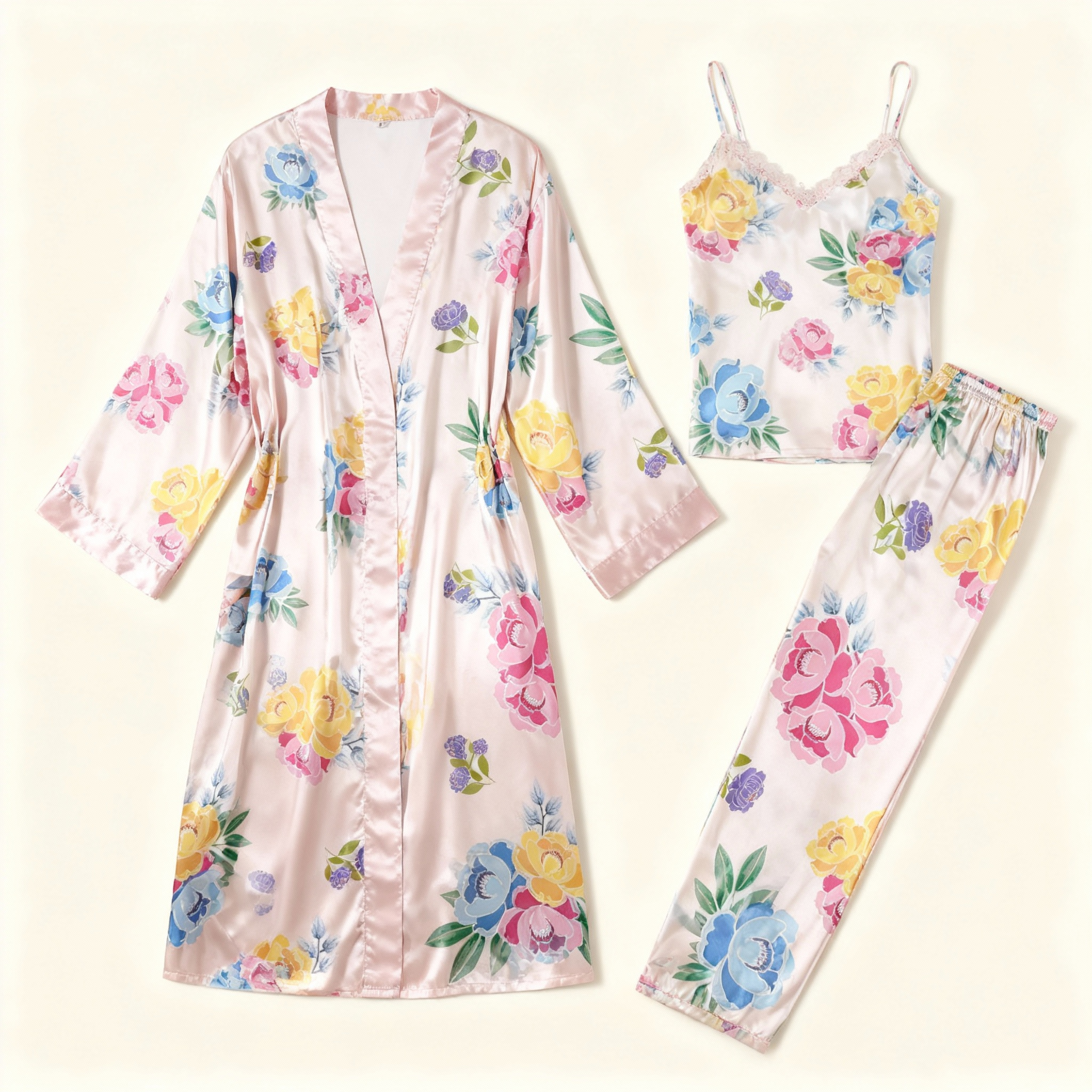 Women's 3-Piece Lace & Floral Satin Lounge Outfit