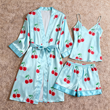 Women's Premium Light Blue Satin Sleep Set with Cherry Pattern