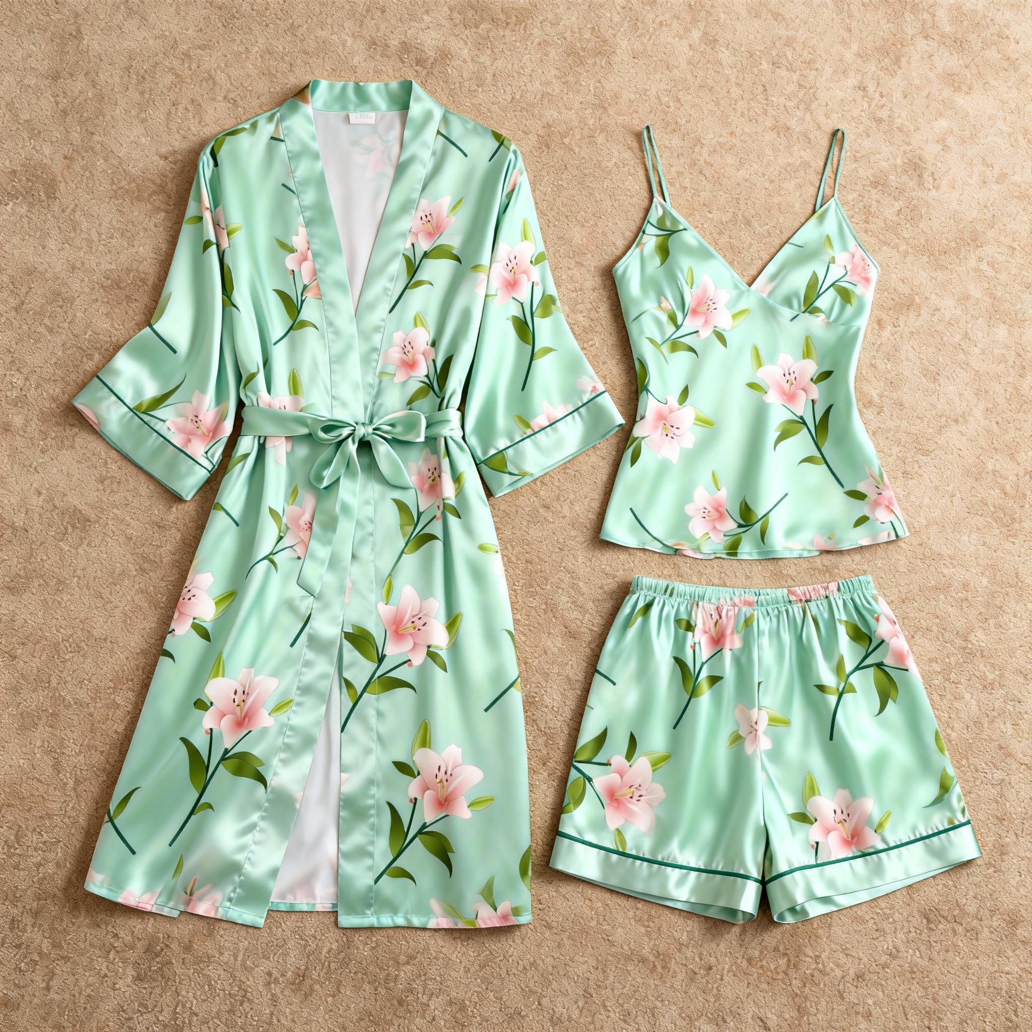 Women's Premium Light Green Satin Sleep Set with Blossom Floral