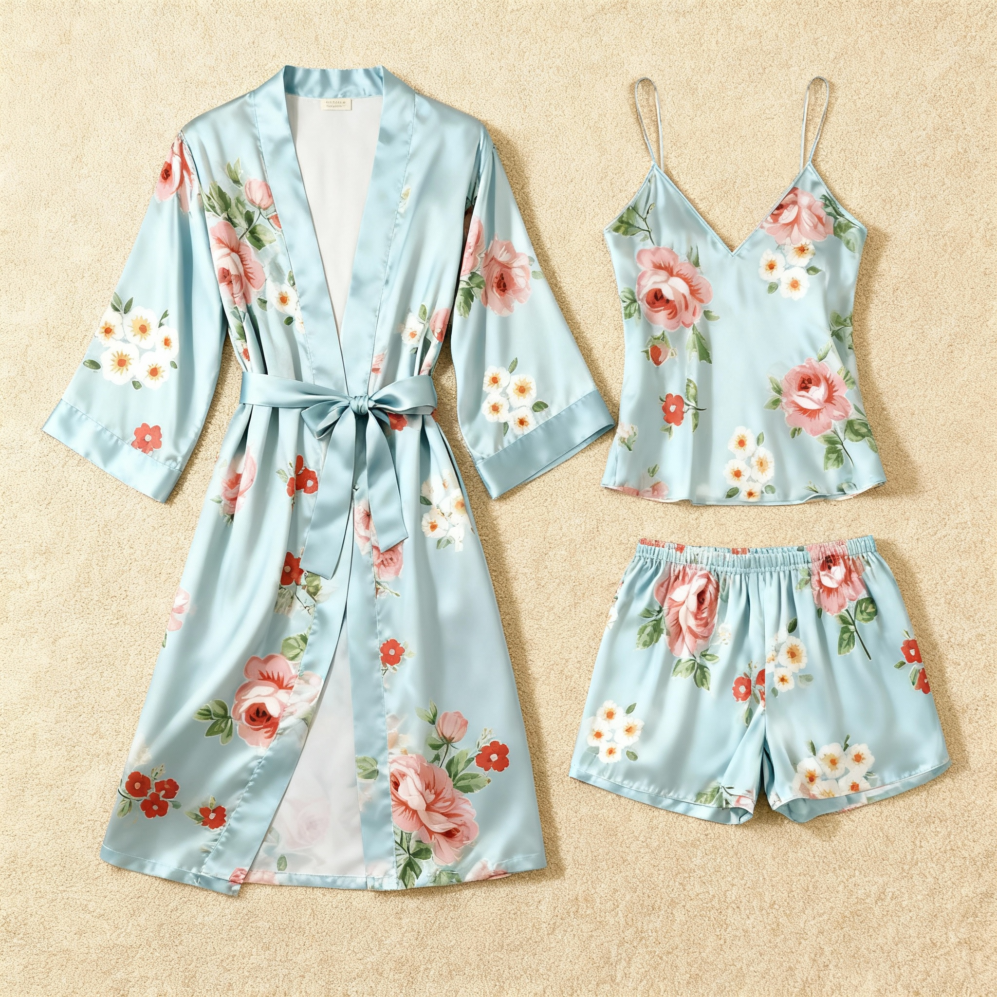 Rose Pattern Glow Silky Satin 3-Piece Loungewear Set