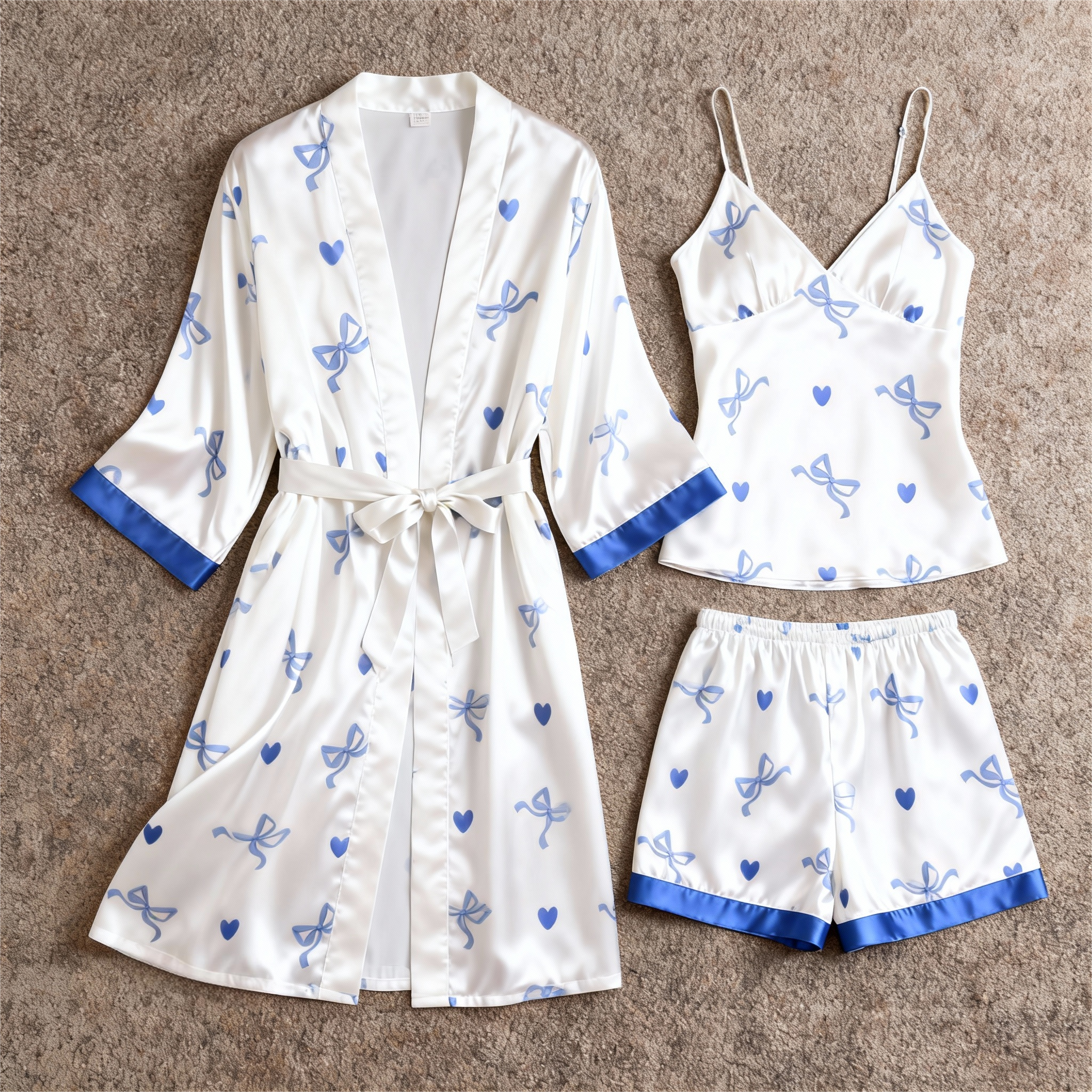 Elegant Satin 3-Piece Loungewear Set with Bowknot Design